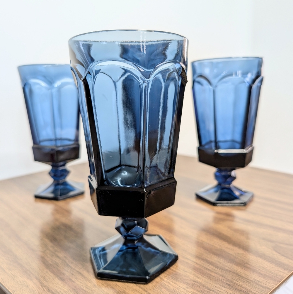 Set Of 4 Vintage 80s Dark Blue Virginia Pattern By Fostoria Ice Tea Glasses